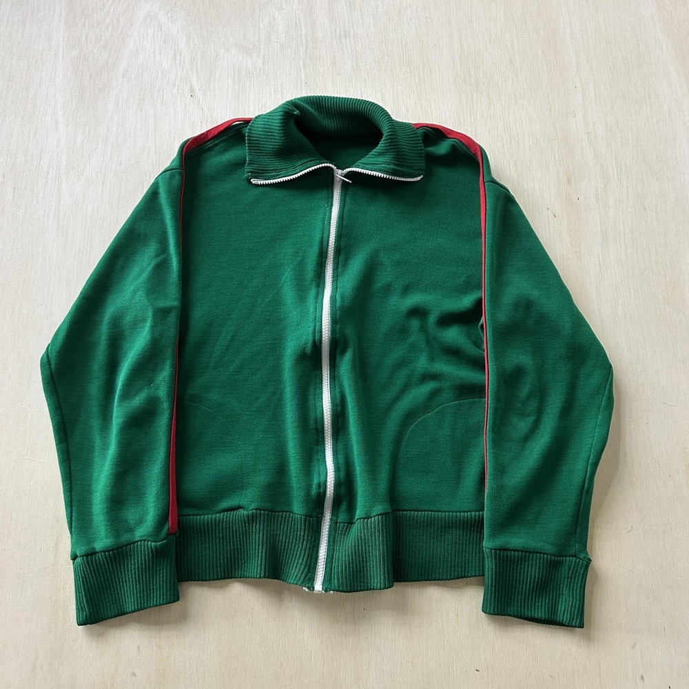 Vintage 80s Track Jacket Mens Medium Green Full Zip Stand Collar Stripe Athletic